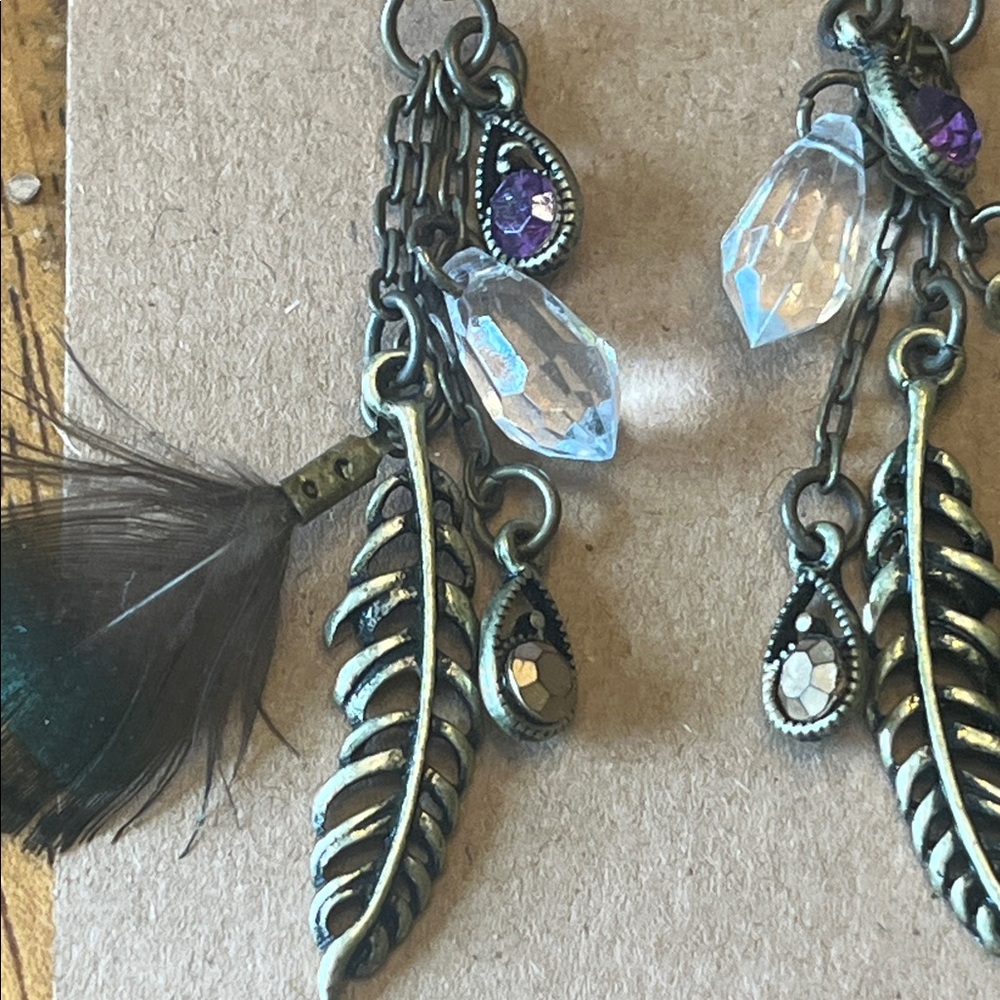 Bohemian Feather Drop Earrings with Crystal Accents - Picture 3 of 5